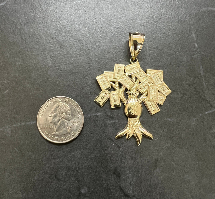 Authentic 10K Yellow Gold Diamond Cut Money Bag Dollar Tree, 100 Dollar Bill Rich Natural Tree Amulet, Real Gold Charm/Pendant