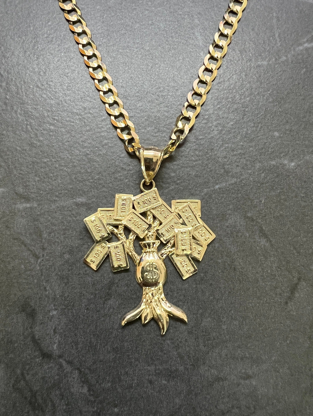 Authentic 10K Yellow Gold Diamond Cut Money Bag Dollar Tree, 100 Dollar Bill Rich Natural Tree Amulet, Real Gold Charm/Pendant