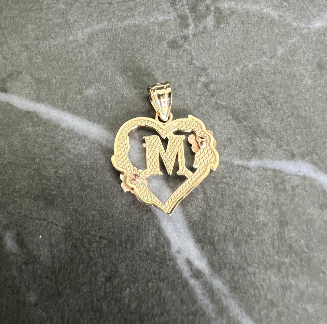 Authentic 10K Initial Letter Charm/ Pendant with Gold Heart and Flower/Rose Diamond Cut Design For Girls/Women, A-Z Flower Necklace Charm