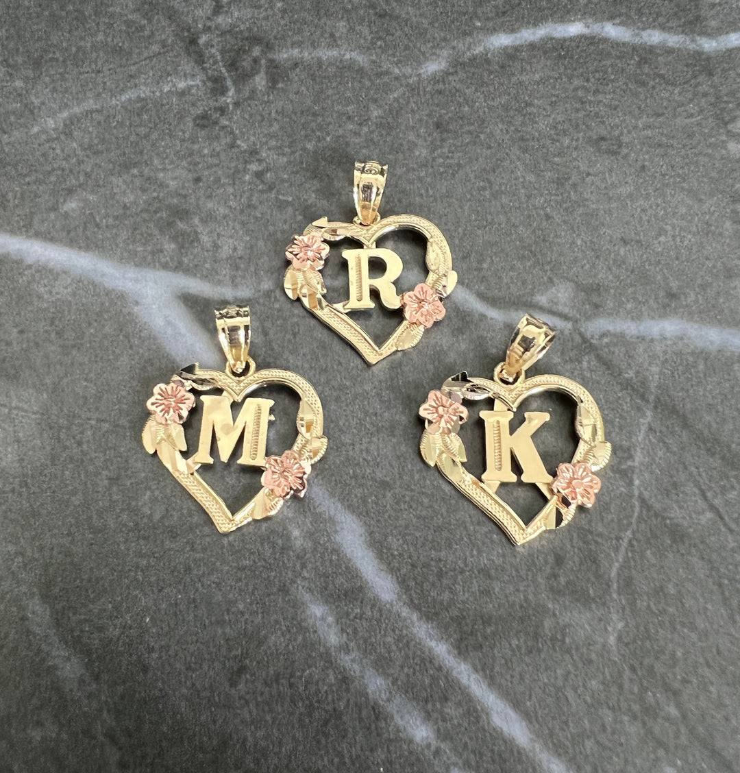 Authentic 10K Initial Letter Charm/ Pendant with Gold Heart and Flower/Rose Diamond Cut Design For Girls/Women, A-Z Flower Necklace Charm