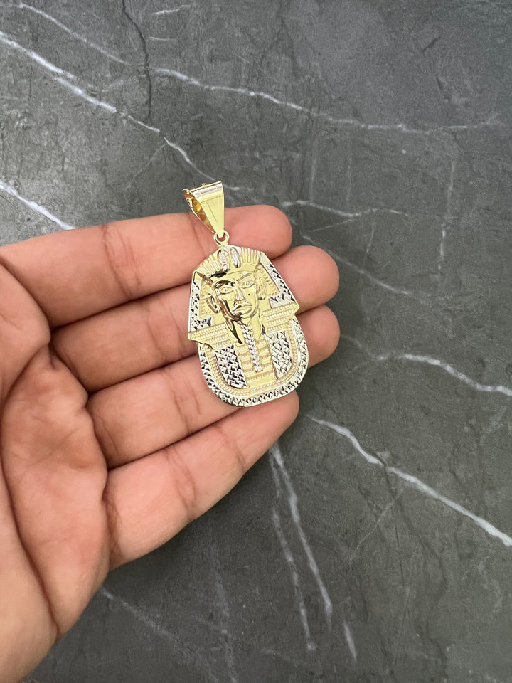 10K Yellow Gold .925 Ancient Egyptian Pharaoh Medallion, Egyptian King/Pharaoh Head, Diamond Cut Yellow Gold Egyptian King Tut Charm/Pendant