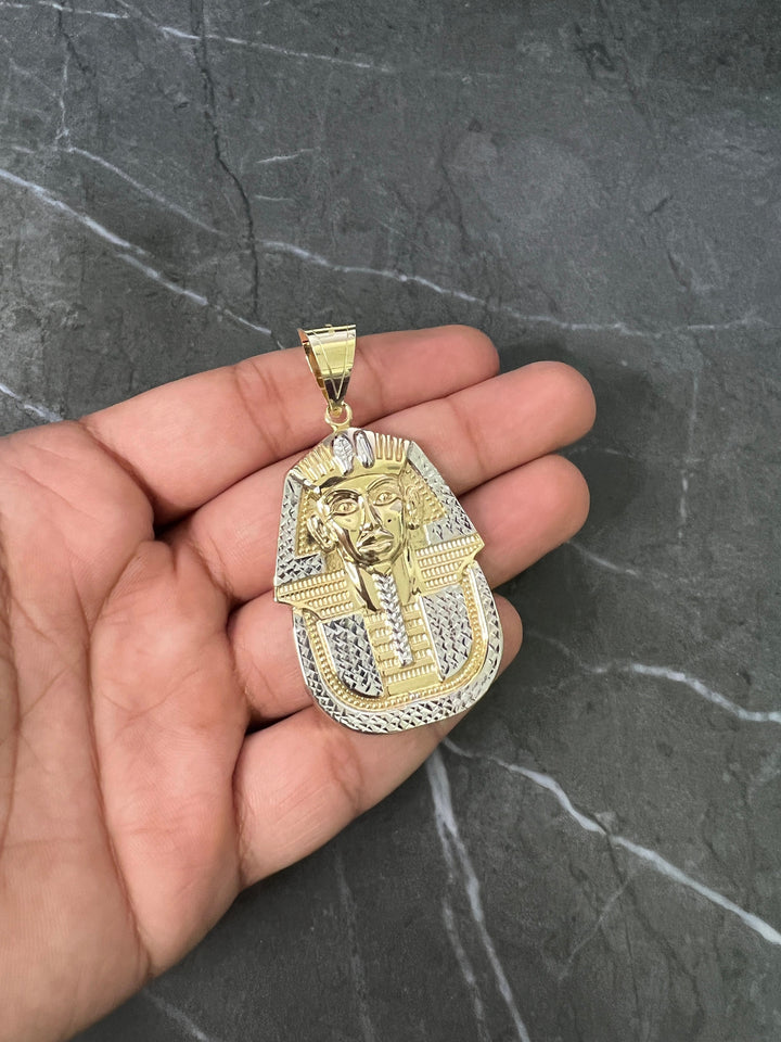 10K Yellow Gold .925 Ancient Egyptian Pharaoh Medallion, Egyptian King/Pharaoh Head, Diamond Cut Yellow Gold Egyptian King Tut Charm/Pendant