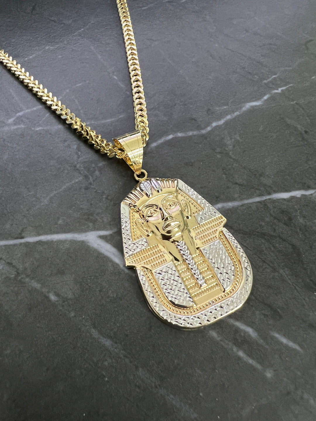 10K Yellow Gold .925 Ancient Egyptian Pharaoh Medallion, Egyptian King/Pharaoh Head, Diamond Cut Yellow Gold Egyptian King Tut Charm/Pendant