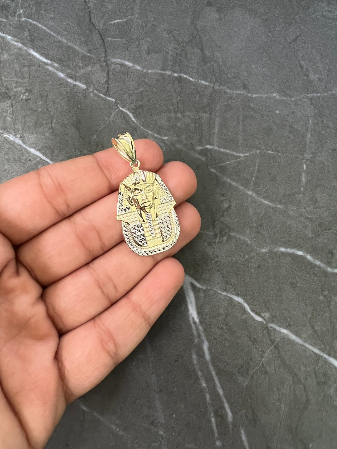 10K Yellow Gold .925 Ancient Egyptian Pharaoh Medallion, Egyptian King/Pharaoh Head, Diamond Cut Yellow Gold Egyptian King Tut Charm/Pendant