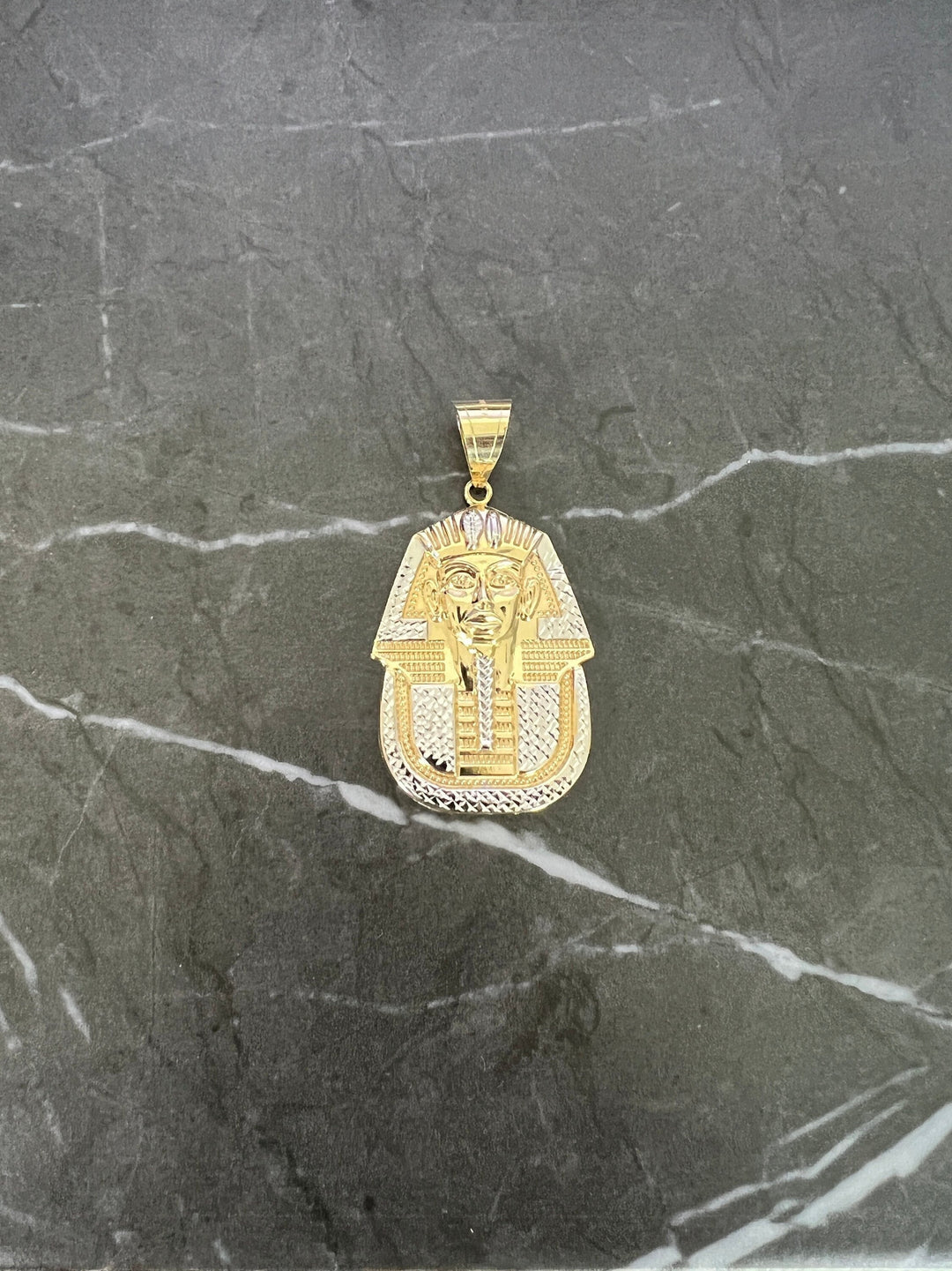 10K Yellow Gold .925 Ancient Egyptian Pharaoh Medallion, Egyptian King/Pharaoh Head, Diamond Cut Yellow Gold Egyptian King Tut Charm/Pendant