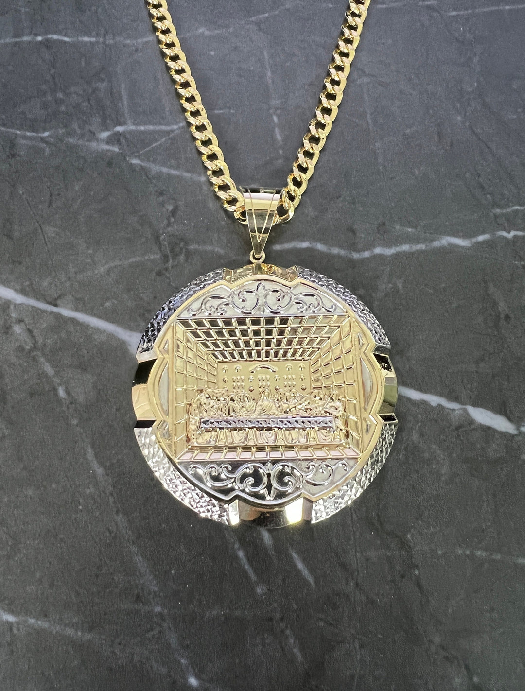 10K Yellow Gold .925 Sterling Silver Apostles Last Supper Textured Medallion Charm/Pendant, Authentic Jesus Cross with Disciples, Holy Jesus