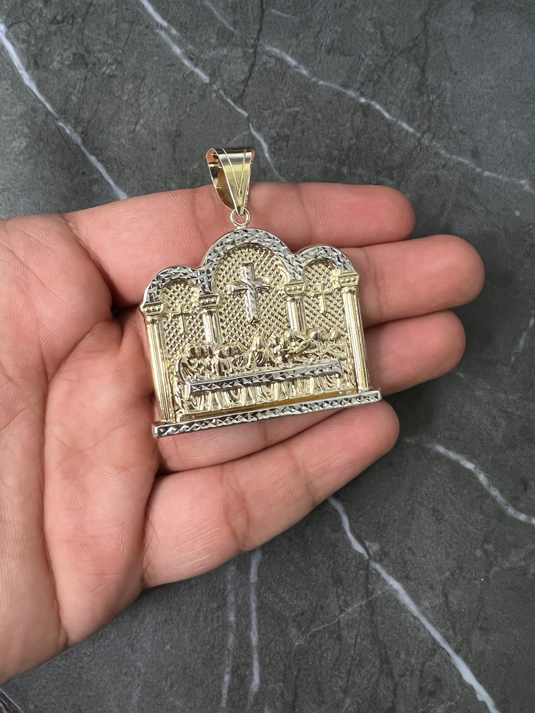 10K Yellow Gold .925 Sterling Silver Apostles Last Supper Charm/Pendant, Authentic, Textured Jesus Cross with Disciples Faith, Diamond Cut