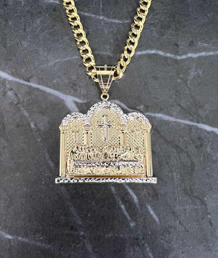 10K Yellow Gold .925 Sterling Silver Apostles Last Supper Charm/Pendant, Authentic, Textured Jesus Cross with Disciples Faith, Diamond Cut