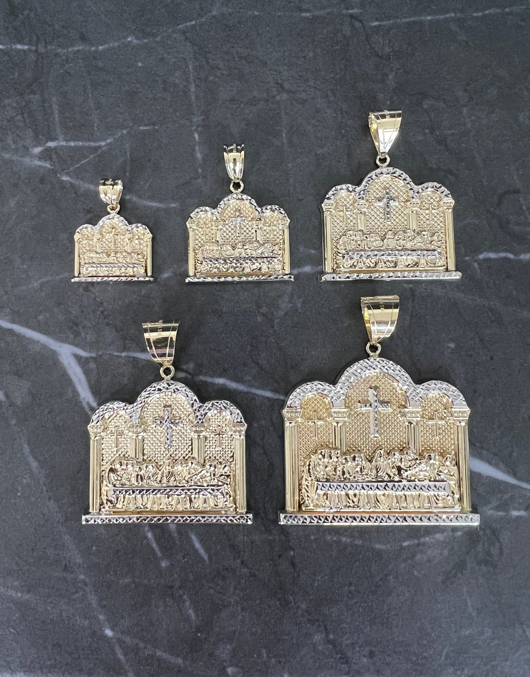 10K Yellow Gold .925 Sterling Silver Apostles Last Supper Charm/Pendant, Authentic, Textured Jesus Cross with Disciples Faith, Diamond Cut