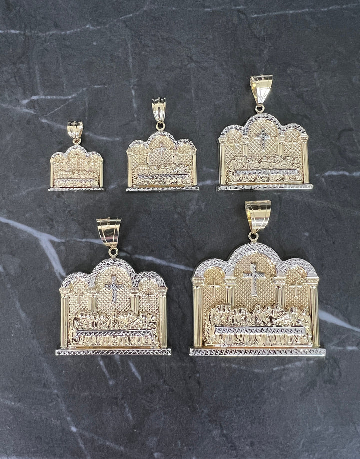 10K Yellow Gold .925 Sterling Silver Apostles Last Supper Charm/Pendant, Authentic, Textured Jesus Cross with Disciples Faith, Diamond Cut