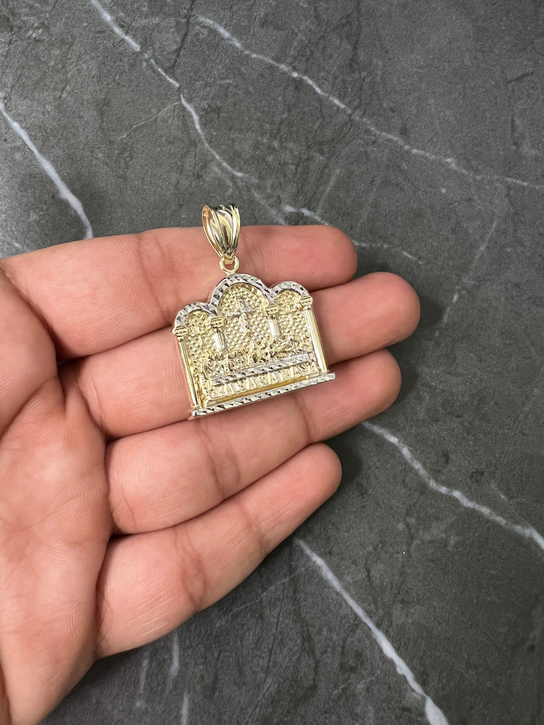 10K Yellow Gold .925 Sterling Silver Apostles Last Supper Charm/Pendant, Authentic, Textured Jesus Cross with Disciples Faith, Diamond Cut