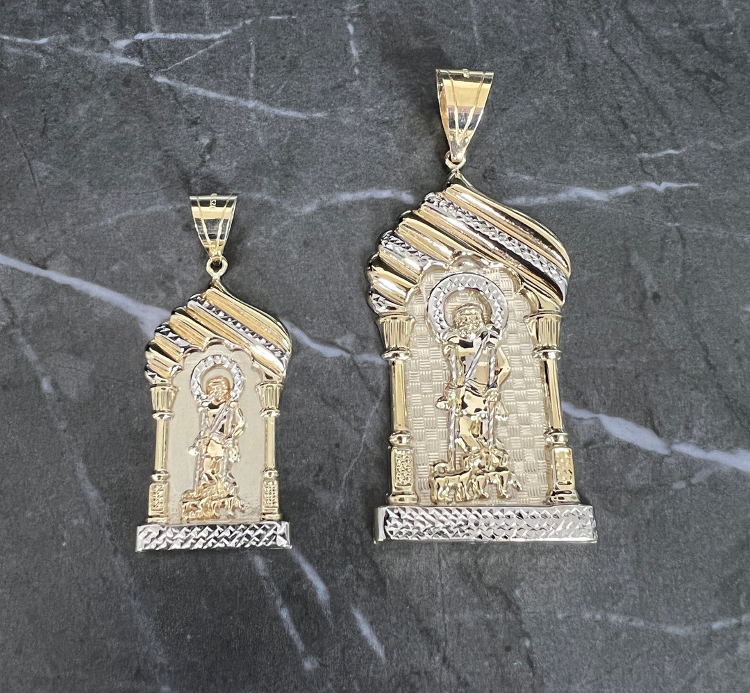 10K Yellow Gold .925 Sterling Silver Diamond Cut Saint Lazarus, Real Religious San Lazaro/Babalu Aye, Holy Walking Jesus Gold Charm/Pendant