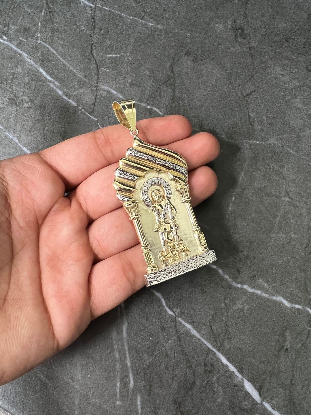 10K Yellow Gold .925 Sterling Silver Diamond Cut Saint Lazarus, Real Religious San Lazaro/Babalu Aye, Holy Walking Jesus Gold Charm/Pendant