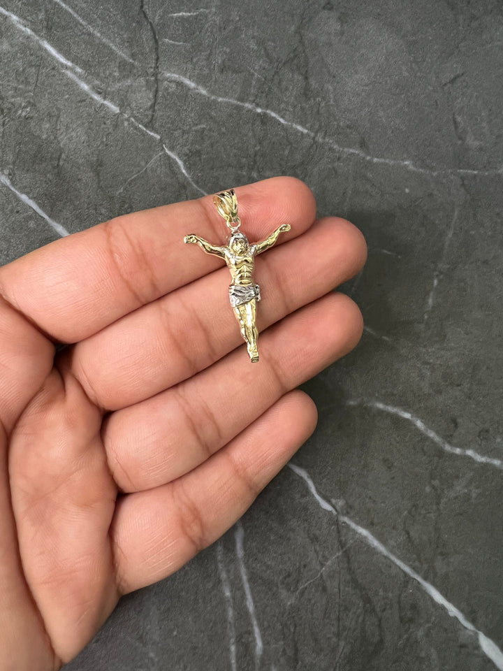 10K Yellow Gold .925 Sterling Silver Textured Diamond Cut Crucifix Full Body Jesus Charm/Pendant, The Face/Body Crucifix of Jesus Religious