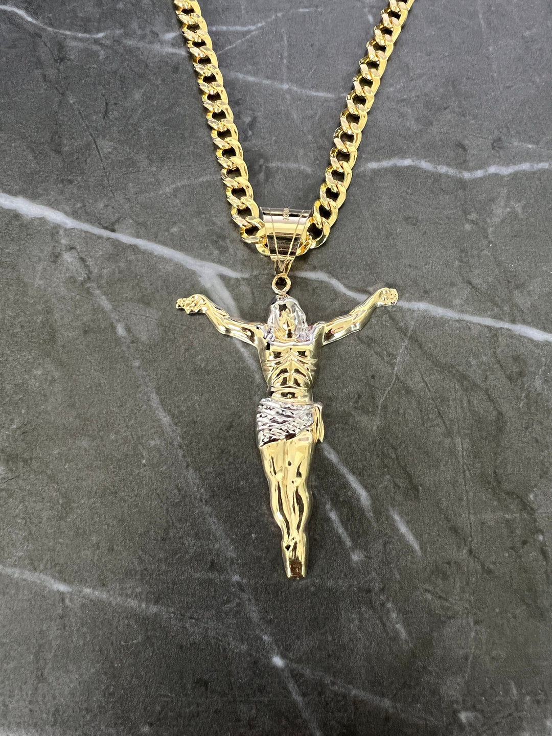 10K Yellow Gold .925 Sterling Silver Textured Diamond Cut Crucifix Full Body Jesus Charm/Pendant, The Face/Body Crucifix of Jesus Religious