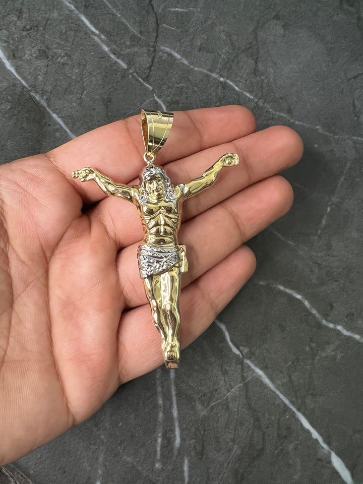 10K Yellow Gold .925 Sterling Silver Textured Diamond Cut Crucifix Full Body Jesus Charm/Pendant, The Face/Body Crucifix of Jesus Religious