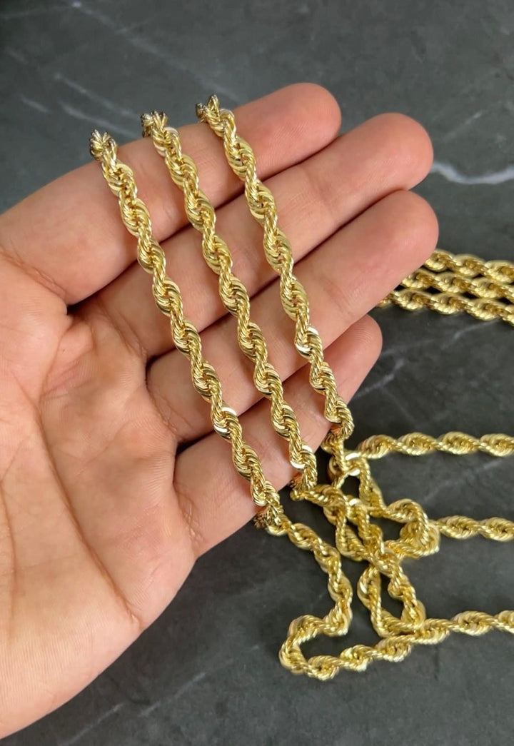 5mm Solid 10K Yellow Gold .925 Sterling Silver Rope Chain Gold Necklace 5mm 20"-28", Gold Rope Chain for Men and Women, Diamond Cut 10K Rope