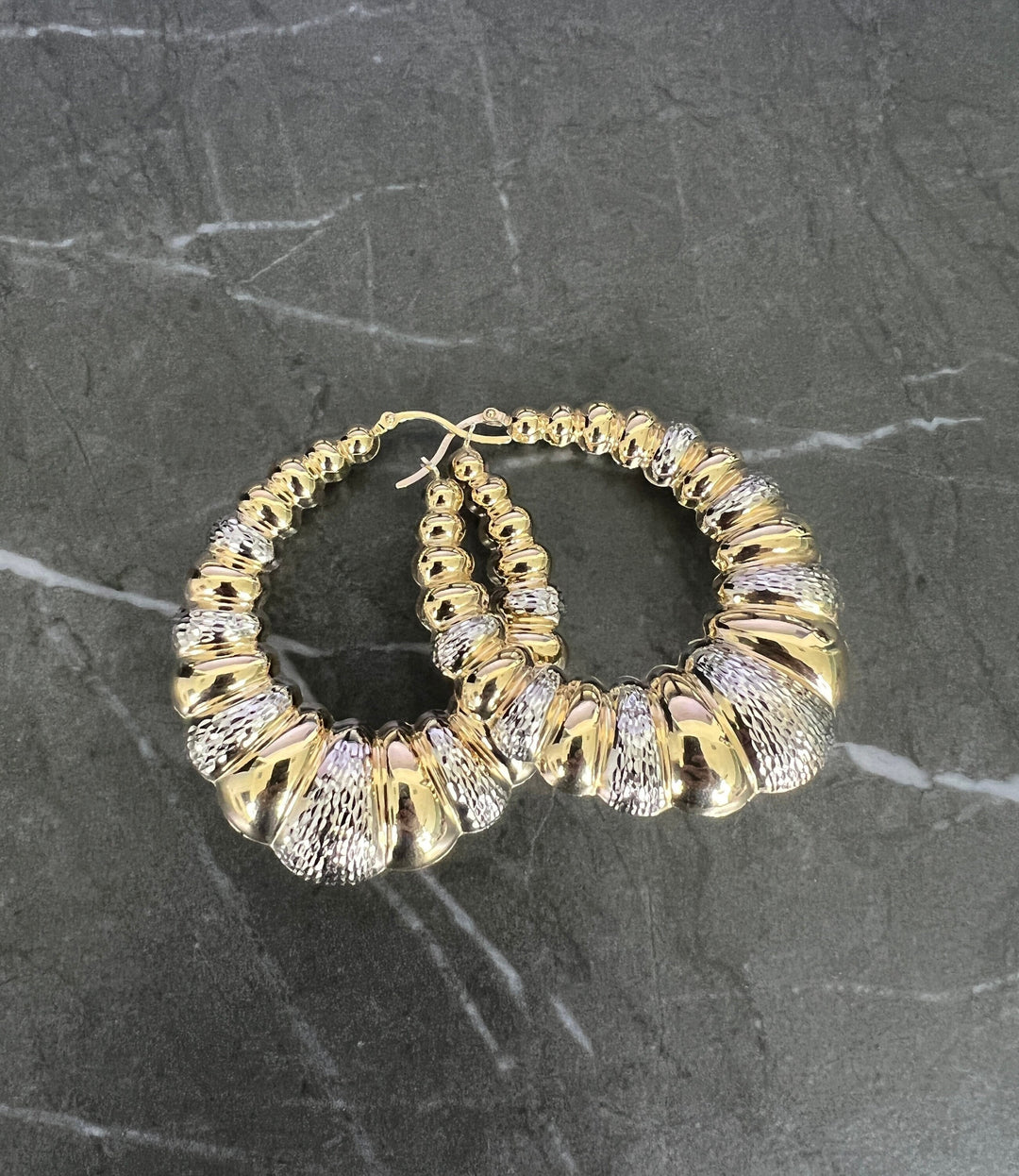 10K Yellow Gold .925 Sterling Silver Vintage, Graduated Diamond Cut Shrimp Oval Design Hoop Earrings, Elegant, Stylish Earrings for Women