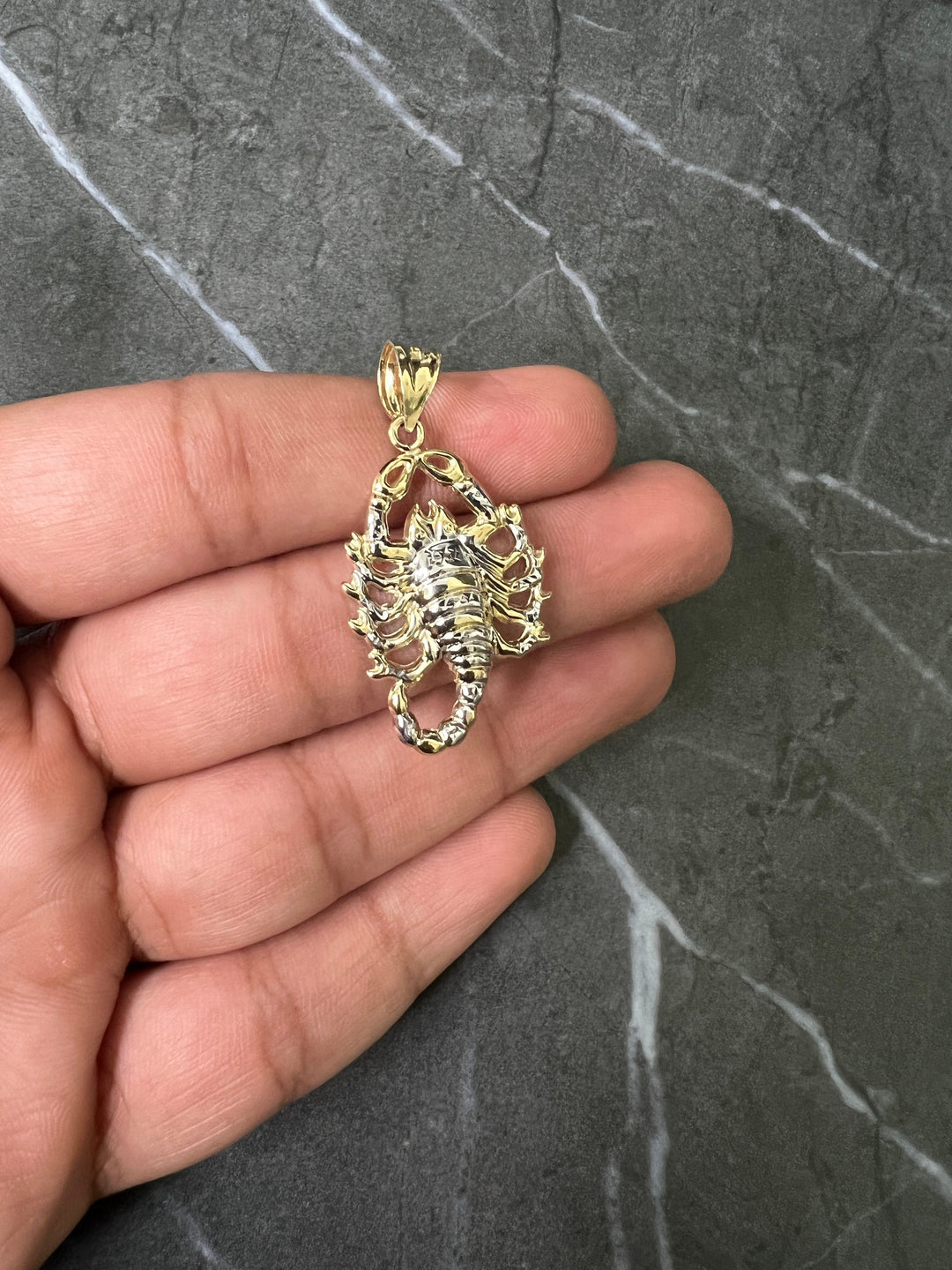 10K Yellow/White Gold .925 Sterling Silver Two Tone Diamond Cut Scorpion, Zodiac Horoscope Scorpio Jewelry, Escorpion Dije Oro Charm/Pendant