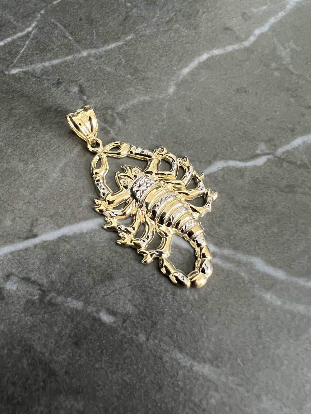 10K Yellow/White Gold .925 Sterling Silver Two Tone Diamond Cut Scorpion, Zodiac Horoscope Scorpio Jewelry, Escorpion Dije Oro Charm/Pendant