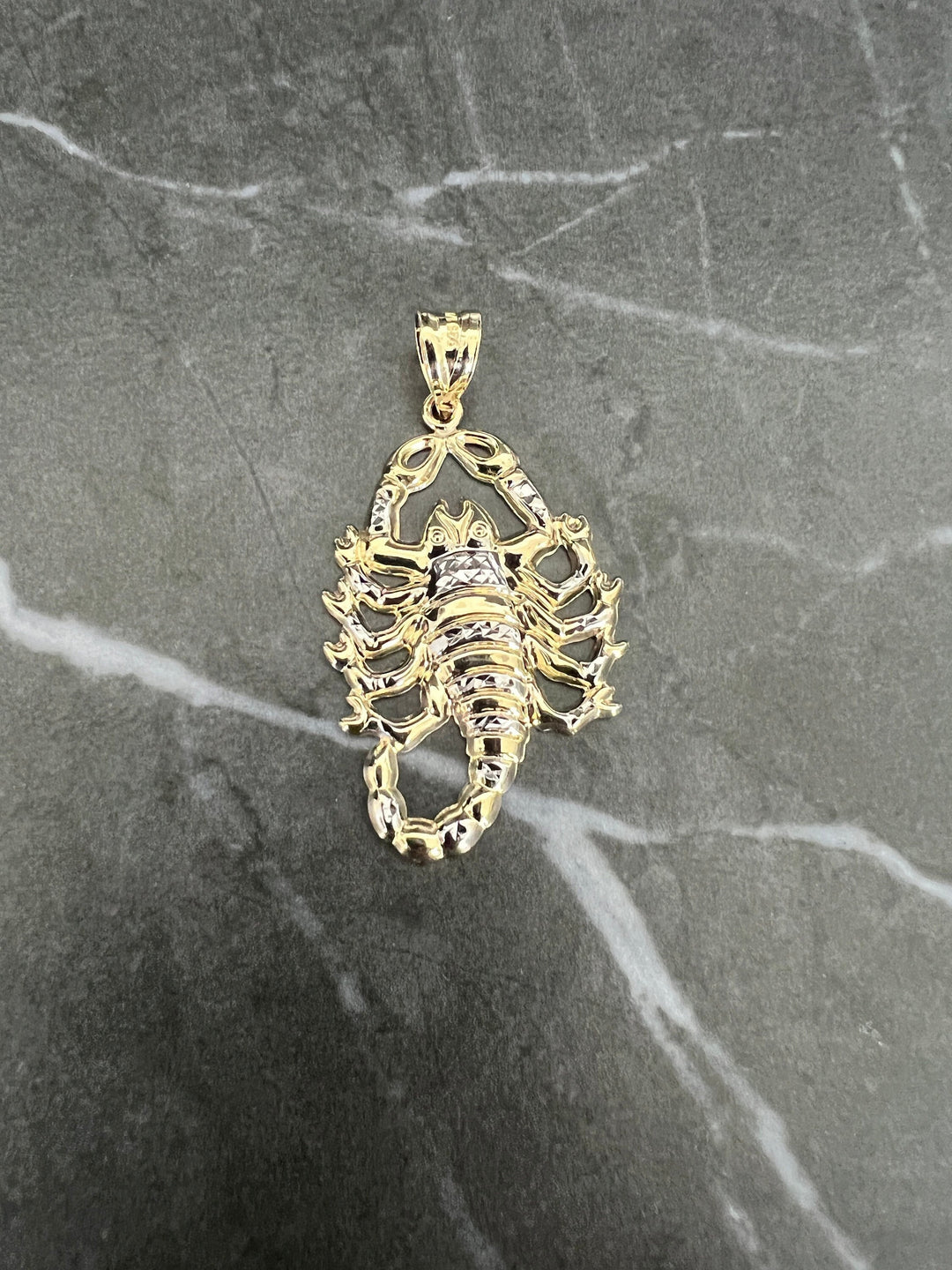 10K Yellow/White Gold .925 Sterling Silver Two Tone Diamond Cut Scorpion, Zodiac Horoscope Scorpio Jewelry, Escorpion Dije Oro Charm/Pendant