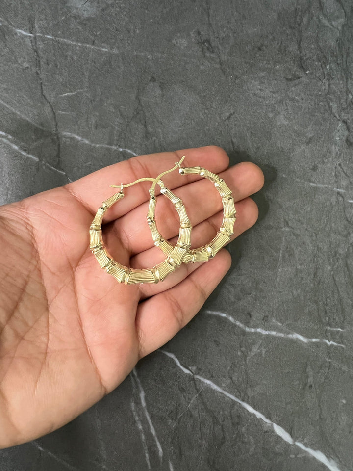 10K Yellow Gold .925 Sterling Silver Graduated Diamond Cut  Bamboo Hoop Earrings, Bamboo Style Earrings, Big Statement Gold Bamboo Earrings