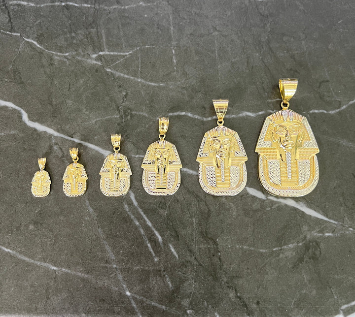 10K Yellow Gold .925 Ancient Egyptian Pharaoh Medallion, Egyptian King/Pharaoh Head, Diamond Cut Yellow Gold Egyptian King Tut Charm/Pendant