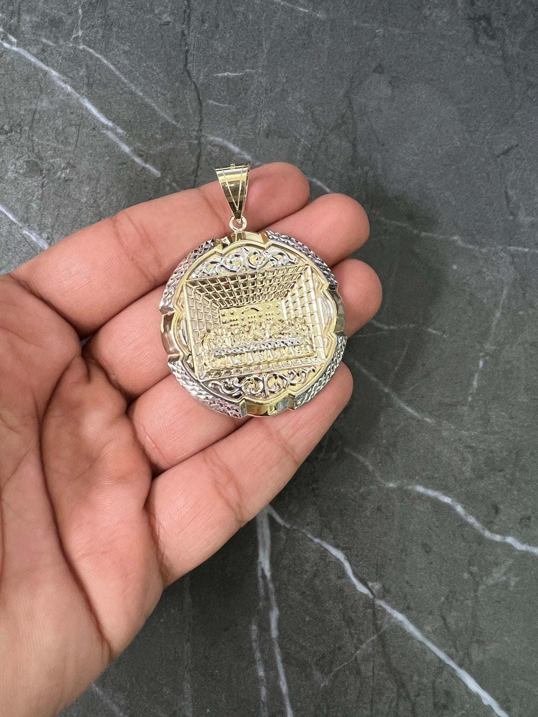 10K Yellow and White Gold .925 Sterling Silver Apostles Last Supper Textured Medallion Charm/Pendant, Authentic Jesus Cross with Disciples