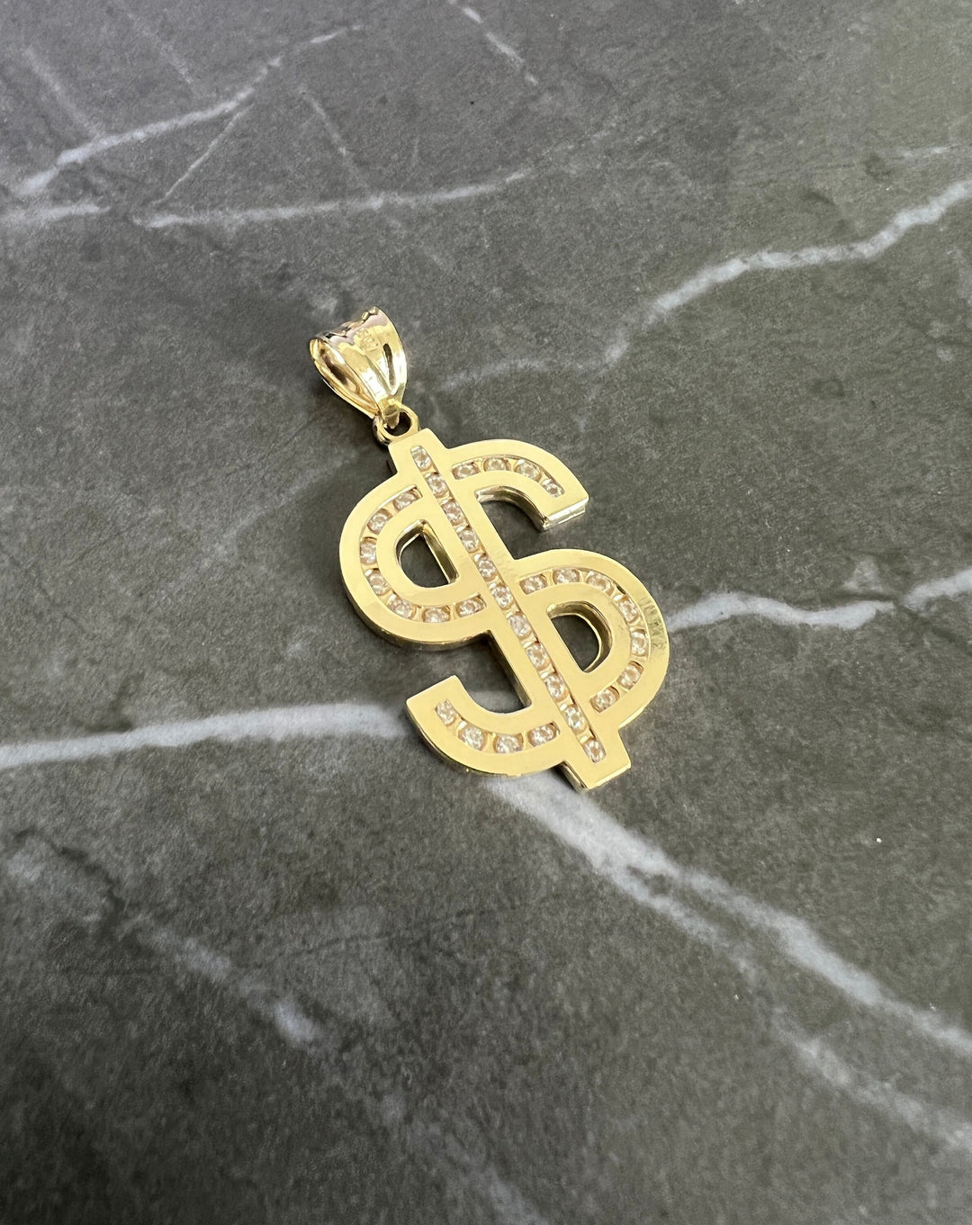 10K Yellow Gold .925 Sterling Silver Diamond Cut, Textured Dollar Sign, CZ Style Lucky Fortune Dollar Sign Charm/Pendant for Men and Women