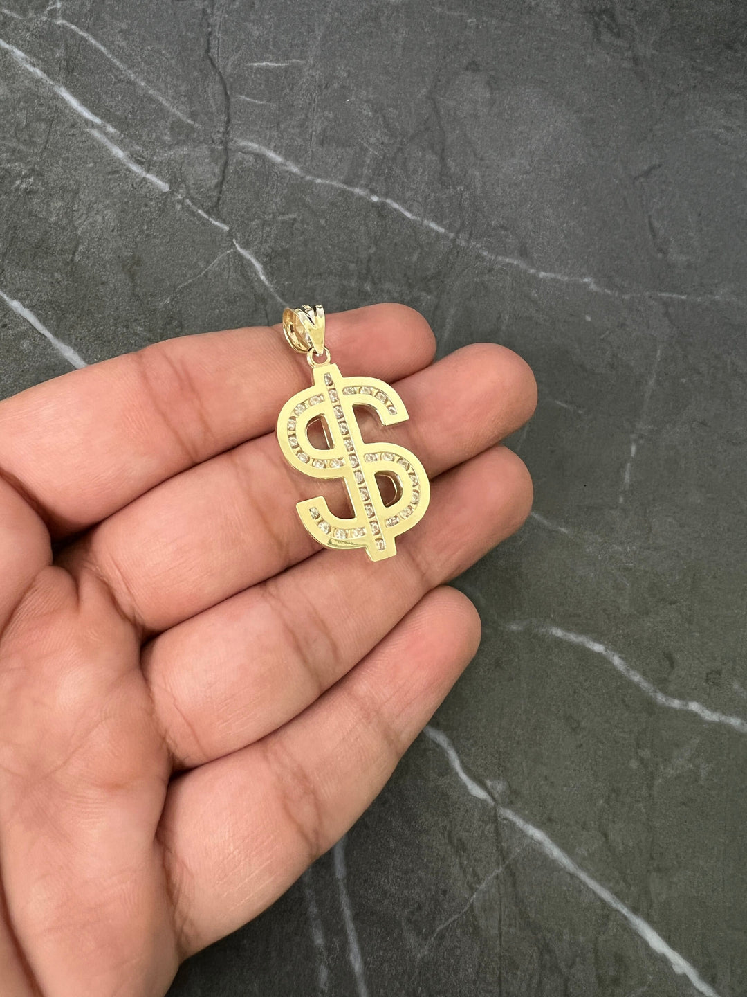 10K Yellow Gold .925 Sterling Silver Diamond Cut, Textured Dollar Sign, CZ Style Lucky Fortune Dollar Sign Charm/Pendant for Men and Women