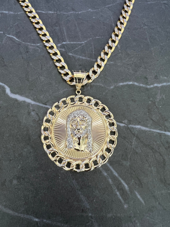 10K Yellow and White Gold .925 Sterling Silver Textured Diamond Cut Jesus Face Medallion Charm/Pendant, Gold Face of Jesus Religious Charm