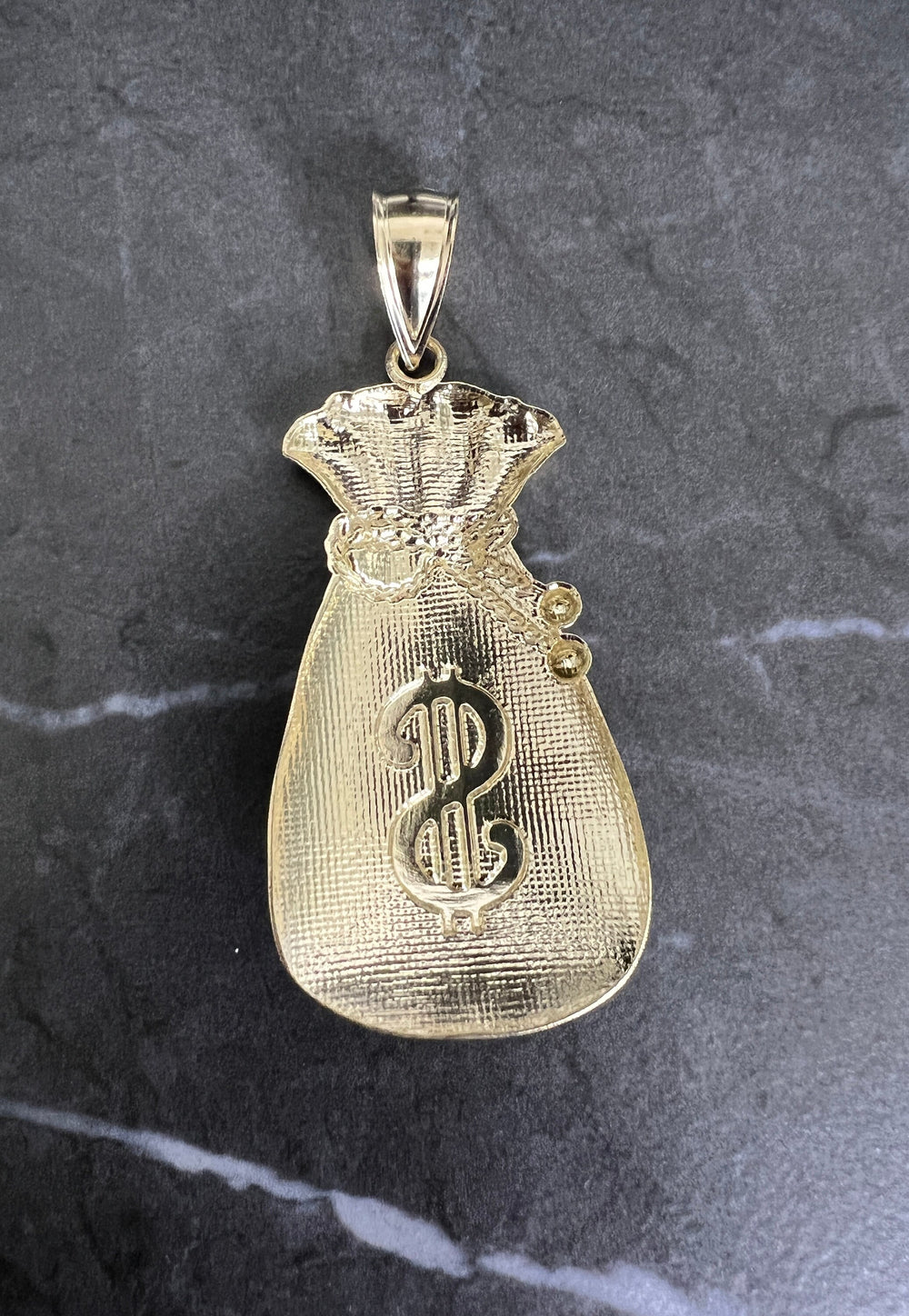 10K Authentic Yellow Gold Money Bag, Textured Diamond Cut Dollar Sign Gold, Good Luck Fortune, Fine Gold Money Bag Dollar Sign Pendant/Charm