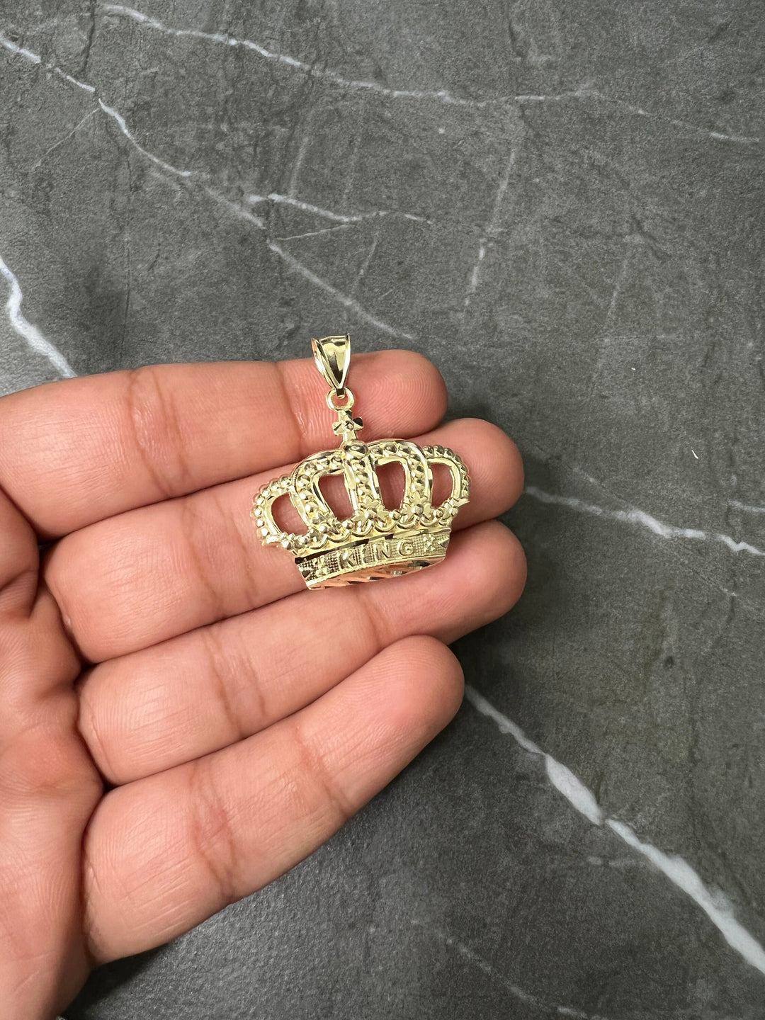 Authentic 10K Yellow Gold Diamond Cut King/Queen Crown Charm/Pendant, Textured Diamond Cut Gold Nugget Style Fine 10K Crown, Crown Gold Gift