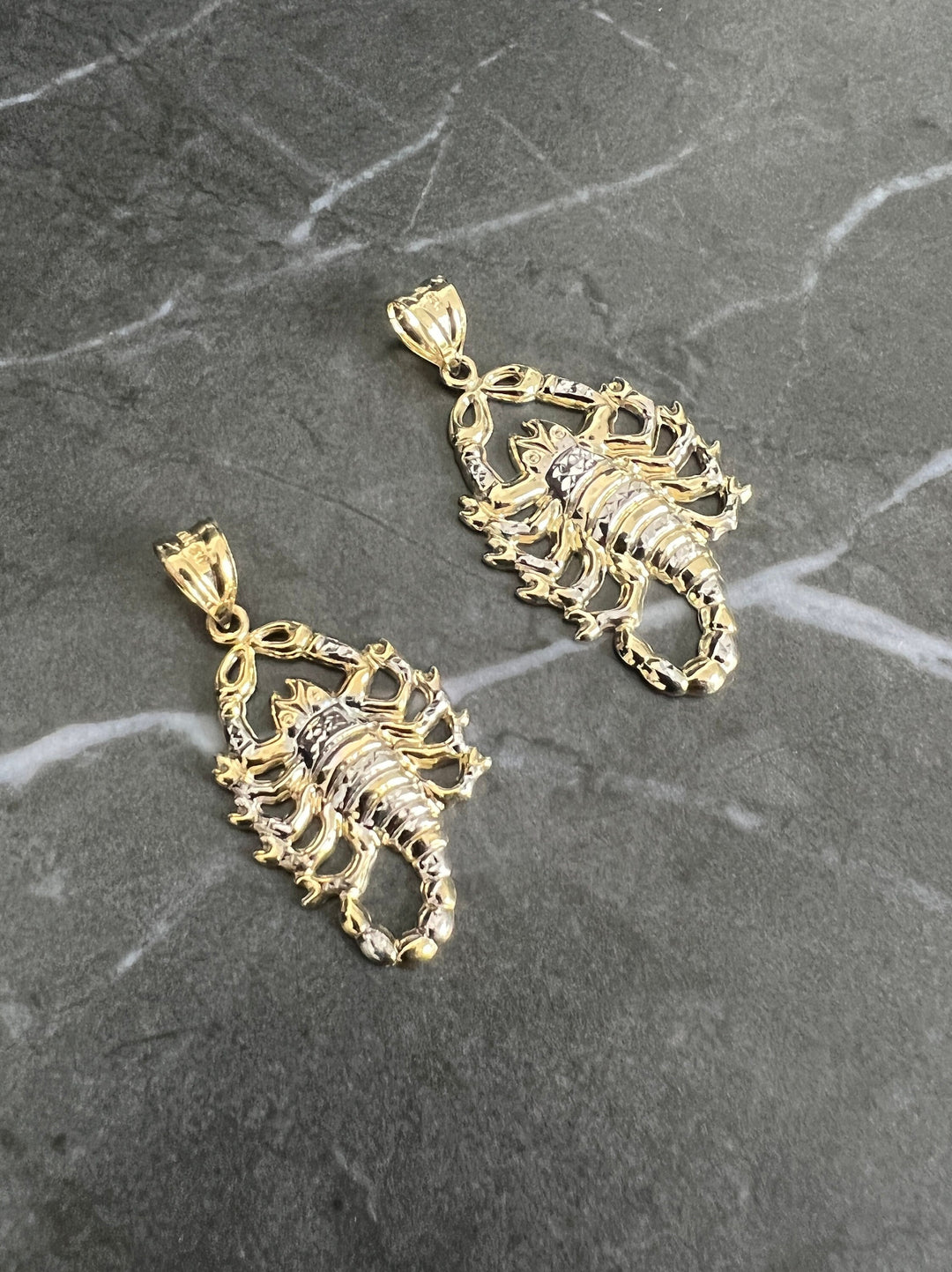 10K Yellow/White Gold .925 Sterling Silver Two Tone Diamond Cut Scorpion, Zodiac Horoscope Scorpio Jewelry, Escorpion Dije Oro Charm/Pendant