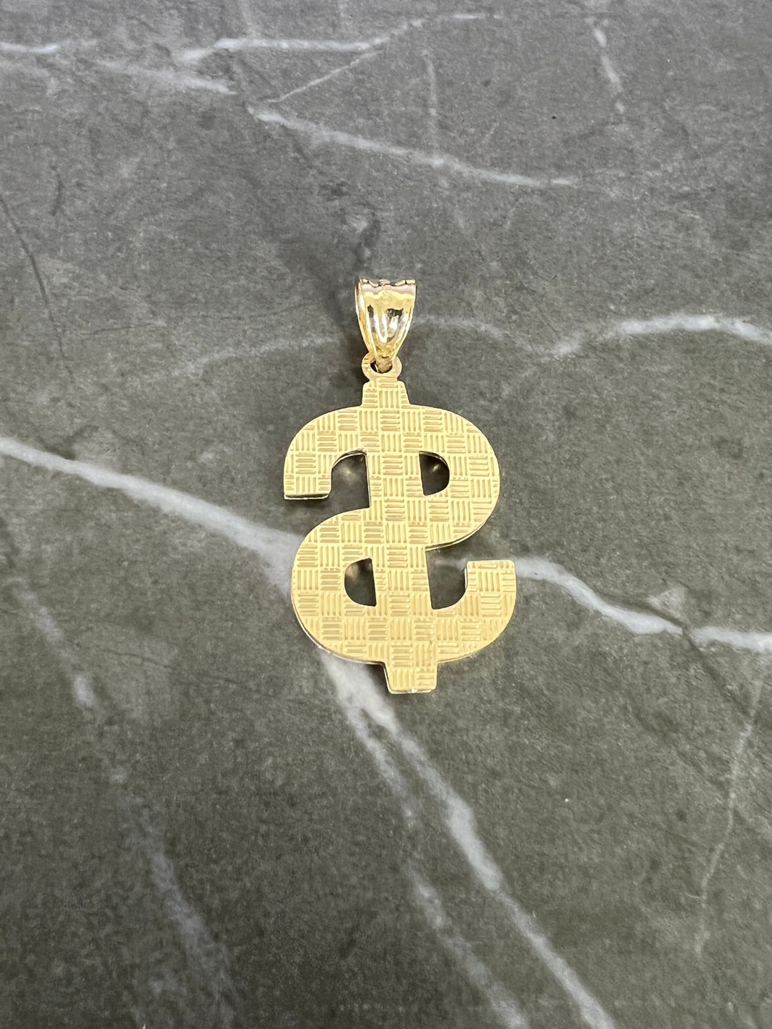 10K Yellow Gold .925 Sterling Silver Diamond Cut, Textured Dollar Sign, CZ Style Lucky Fortune Dollar Sign Charm/Pendant for Men and Women