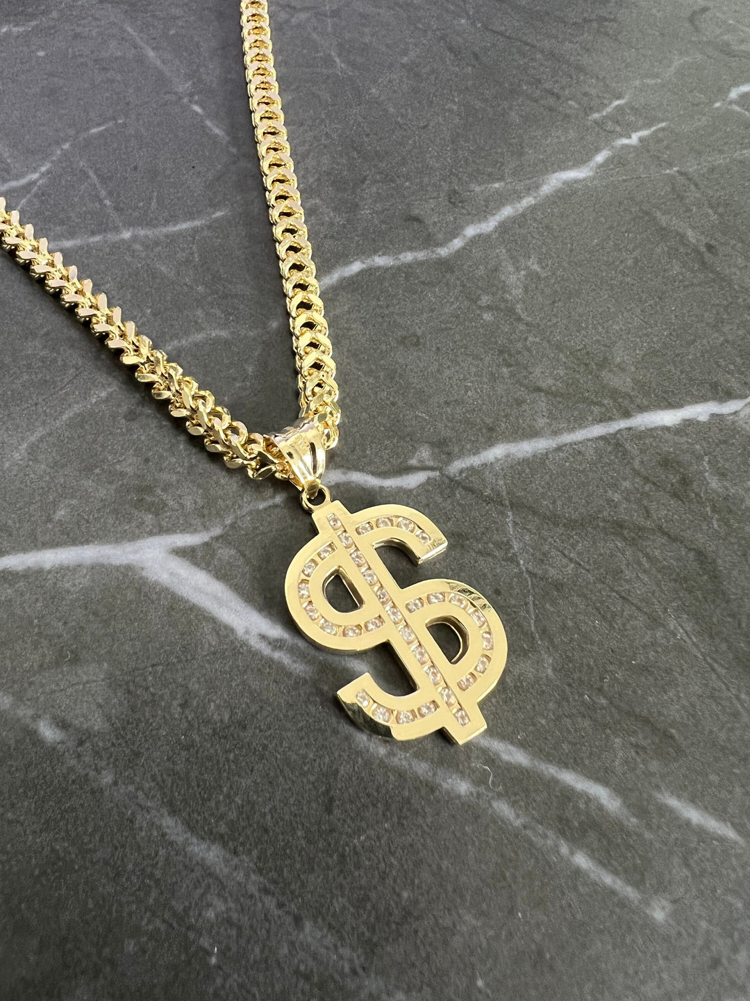 10K Yellow Gold .925 Sterling Silver Diamond Cut, Textured Dollar Sign, CZ Style Lucky Fortune Dollar Sign Charm/Pendant for Men and Women