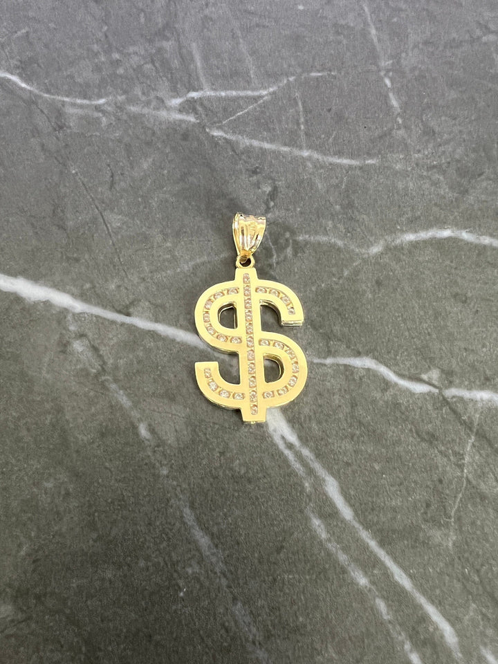 10K Yellow Gold .925 Sterling Silver Diamond Cut, Textured Dollar Sign, CZ Style Lucky Fortune Dollar Sign Charm/Pendant for Men and Women