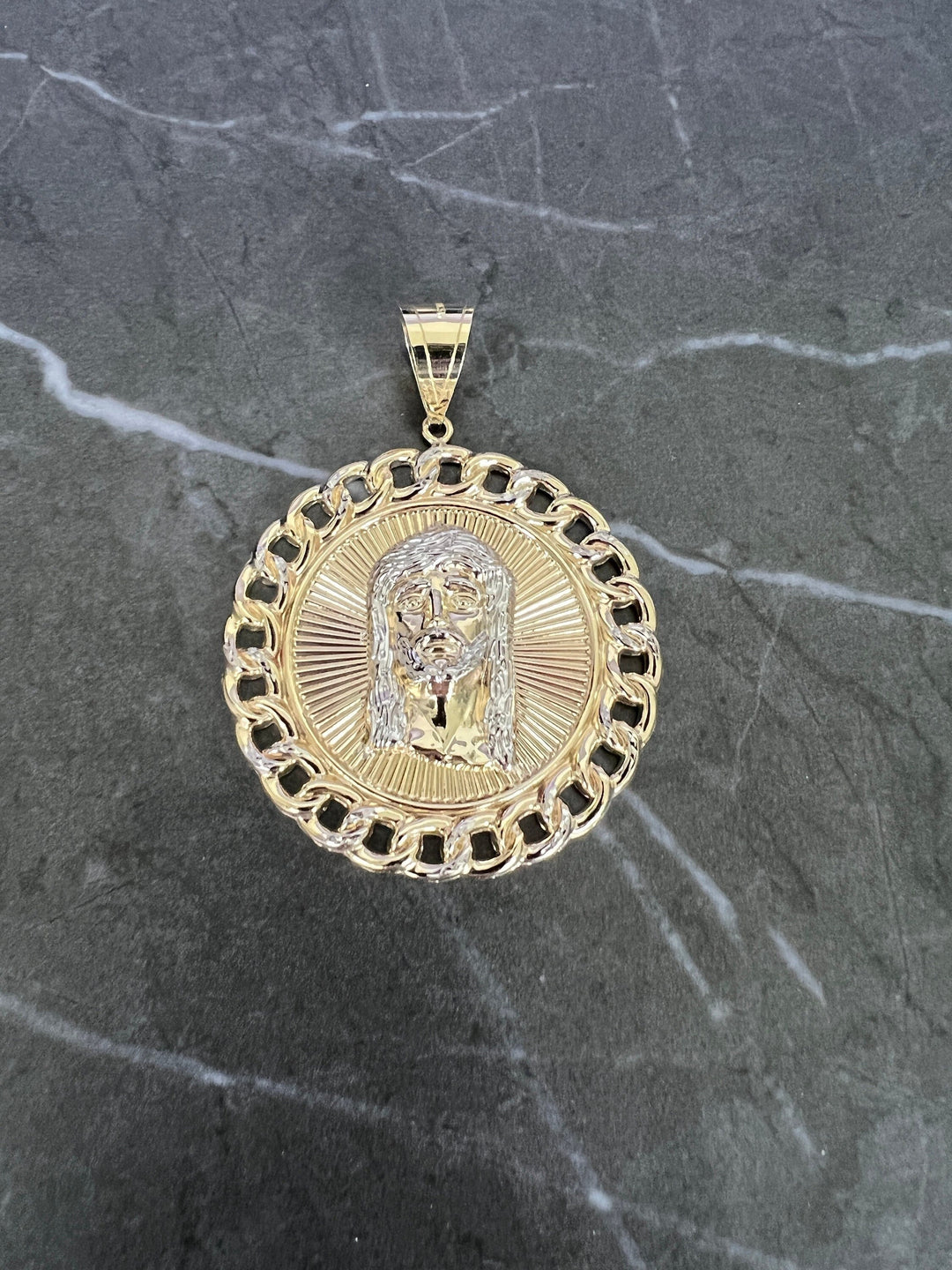 10K Yellow and White Gold .925 Sterling Silver Textured Diamond Cut Jesus Face Medallion Charm/Pendant, Gold Face of Jesus Religious Charm