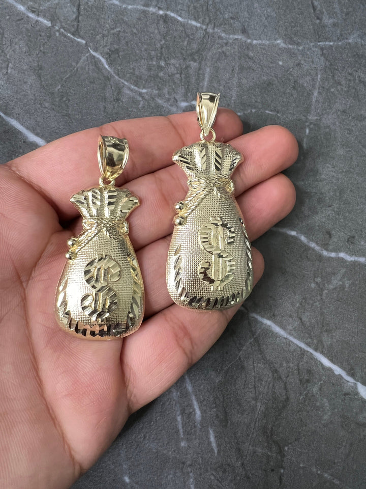 10K Authentic Yellow Gold Money Bag, Textured Diamond Cut Dollar Sign Gold, Good Luck Fortune, Fine Gold Money Bag Dollar Sign Pendant/Charm