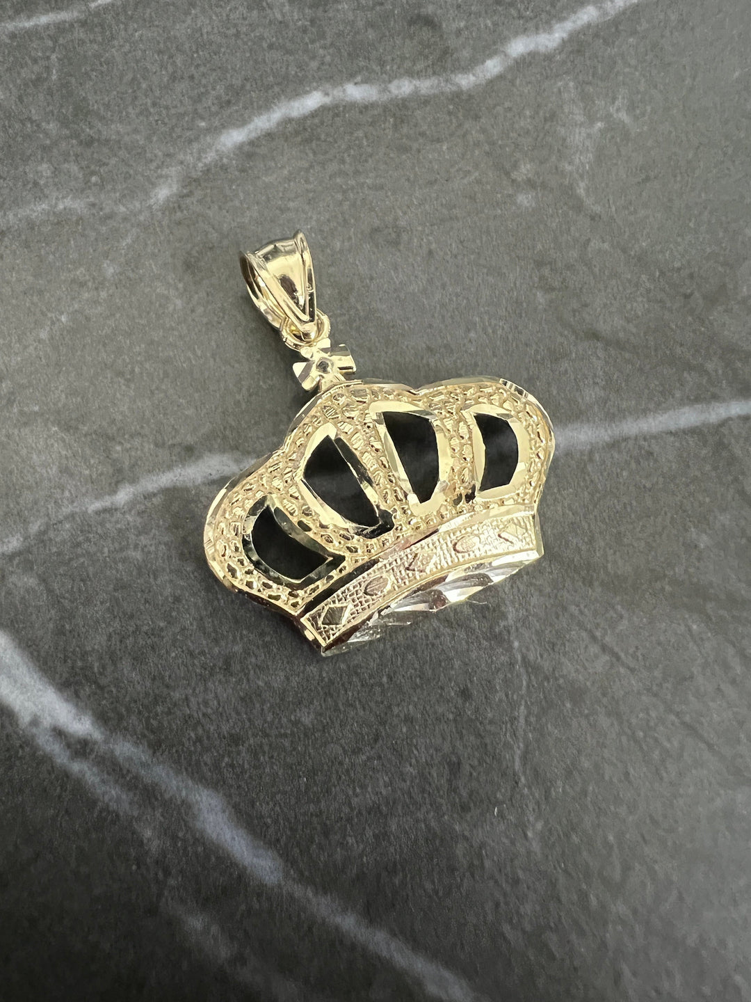 Authentic 10K Yellow Gold Diamond Cut King/Queen Crown Charm/Pendant, Textured Diamond Cut Gold Nugget Style Fine 10K Crown, Crown Gold Gift