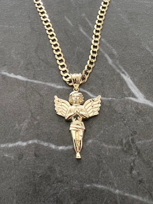 Authentic 10K Gold Guardian, Praying Baby Angel Pendant Yellow Gold Charm/Pendant, Diamond Cut Solid 10K Gold Always be with You Angel Charm