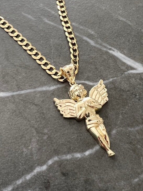 Authentic 10K Gold Guardian, Praying Baby Angel Pendant Yellow Gold Charm/Pendant, Diamond Cut Solid 10K Gold Always be with You Angel Charm