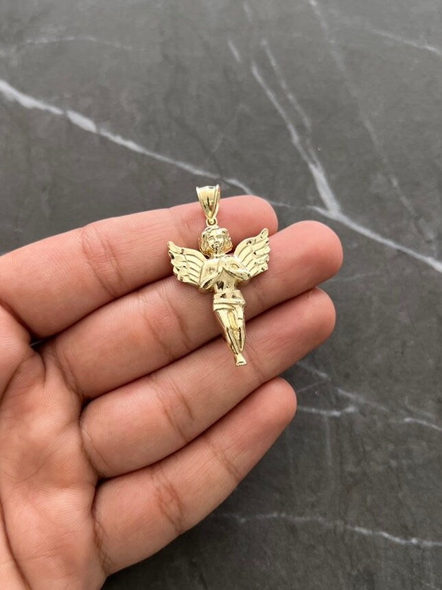 Authentic 10K Gold Guardian, Praying Baby Angel Pendant Yellow Gold Charm/Pendant, Diamond Cut Solid 10K Gold Always be with You Angel Charm