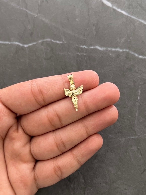 Authentic 10K Gold Guardian, Praying Baby Angel Pendant Yellow Gold Charm/Pendant, Diamond Cut Solid 10K Gold Always be with You Angel Charm