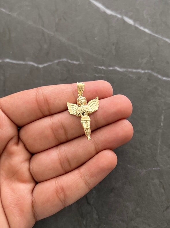 Authentic 10K Gold Guardian, Praying Baby Angel Pendant Yellow Gold Charm/Pendant, Diamond Cut Solid 10K Gold Always be with You Angel Charm