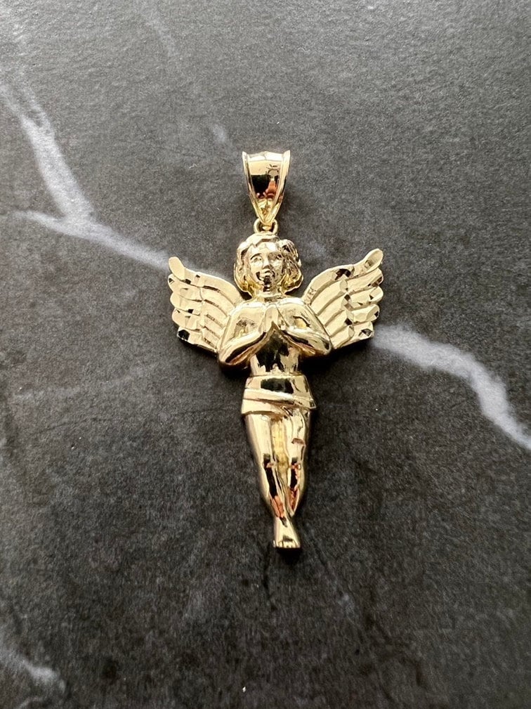 Authentic 10K Gold Guardian, Praying Baby Angel Pendant Yellow Gold Charm/Pendant, Diamond Cut Solid 10K Gold Always be with You Angel Charm