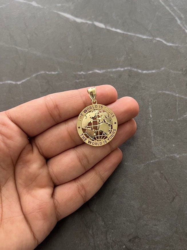 Authentic Solid 10k Yellow Gold, 10K Textured Round Globe Planet Earth World Map, "World Is Yours" World/Globe Pendant, Real 10K Gold Earth