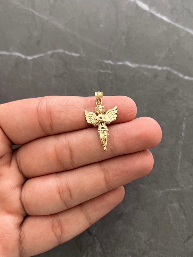 Authentic 10K Gold Guardian, Praying Baby Angel Pendant Yellow Gold Charm/Pendant, Diamond Cut Solid 10K Gold Always be with You Angel Charm