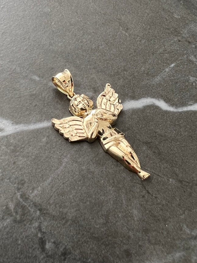 Authentic 10K Gold Guardian, Praying Baby Angel Pendant Yellow Gold Charm/Pendant, Diamond Cut Solid 10K Gold Always be with You Angel Charm