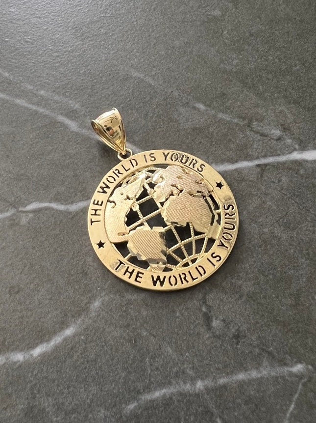 Authentic Solid 10k Yellow Gold, 10K Textured Round Globe Planet Earth World Map, "World Is Yours" World/Globe Pendant, Real 10K Gold Earth